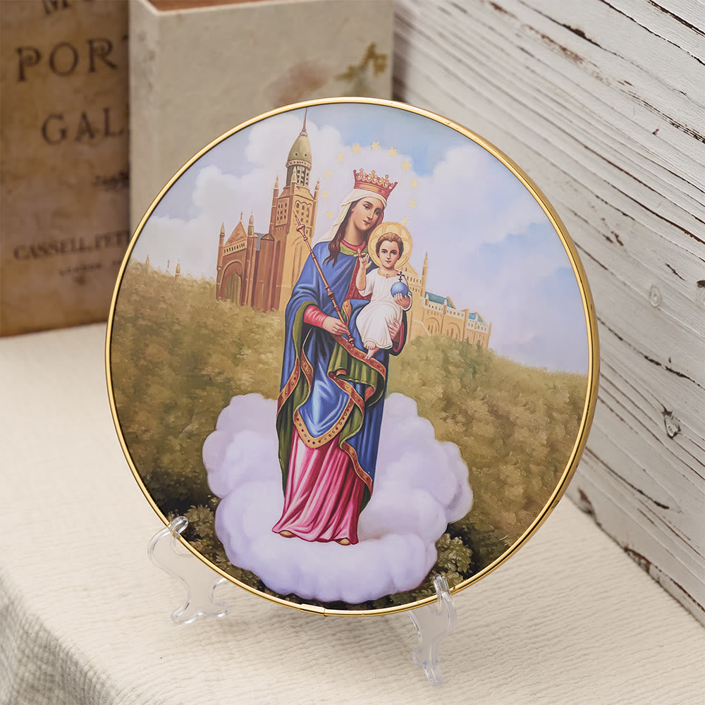 Christianartworkshop Madonna and Child Desktop Ornament with Cathedral Backdrop & Gold Rim: A Symbol of Marian Grace - image 2