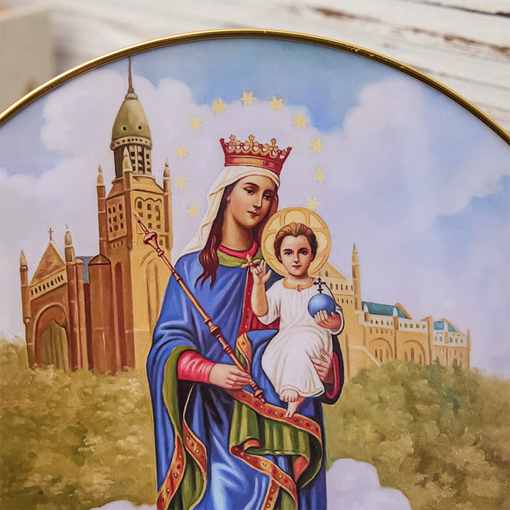 Christianartworkshop Madonna and Child Desktop Ornament with Cathedral Backdrop & Gold Rim: A Symbol of Marian Grace - image 4