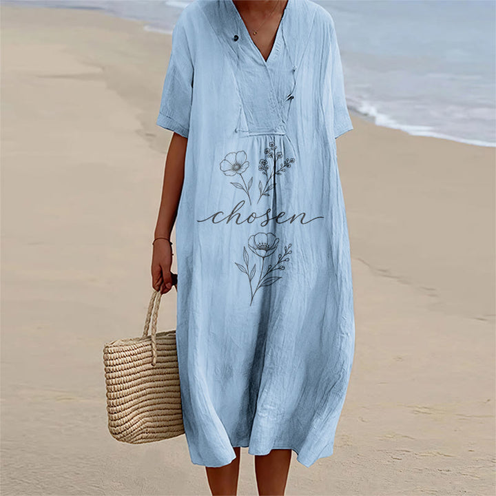Christianartworkshop Inspirational Chosen Floral Accent V-Neck Short Sleeve Midi Dress - Blue - 4XL - image 2