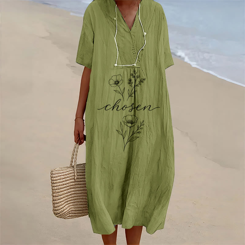 Christianartworkshop Inspirational Chosen Floral Accent V-Neck Short Sleeve Midi Dress - Olive Green - 4XL - image 10