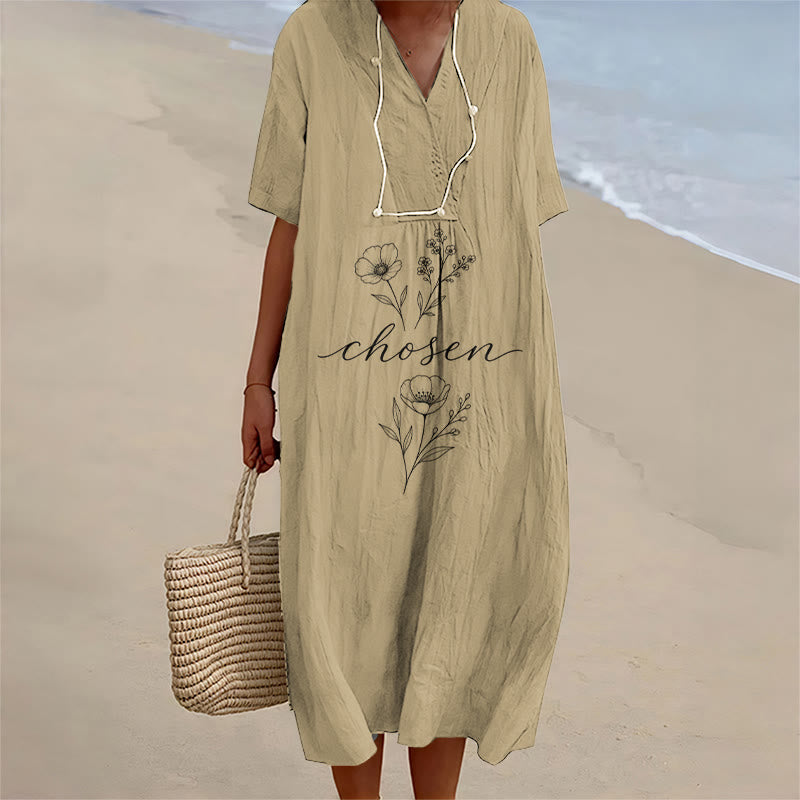 Christianartworkshop Inspirational Chosen Floral Accent V-Neck Short Sleeve Midi Dress - Khaki - 4XL - image 0
