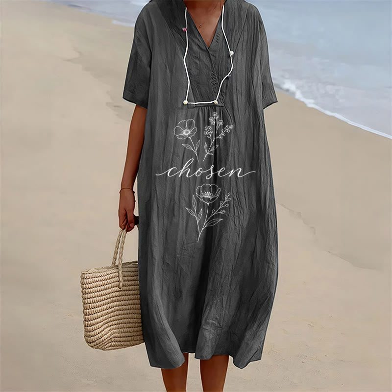Christianartworkshop Inspirational Chosen Floral Accent V-Neck Short Sleeve Midi Dress - Black - 4XL - image 8
