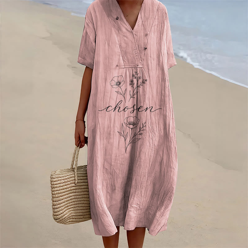 Christianartworkshop Inspirational Chosen Floral Accent V-Neck Short Sleeve Midi Dress - Pink - 4XL - image 6