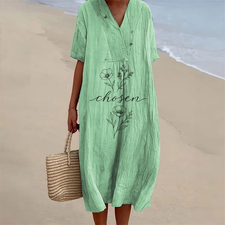 Christianartworkshop Inspirational Chosen Floral Accent V-Neck Short Sleeve Midi Dress - Green - 4XL - image 4