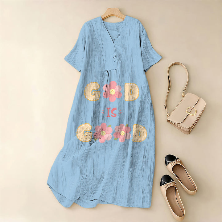 Christianartworkshop Devotional “God Is Good” Floral Statement V-Neck Short Sleeve Midi Dress - image 5