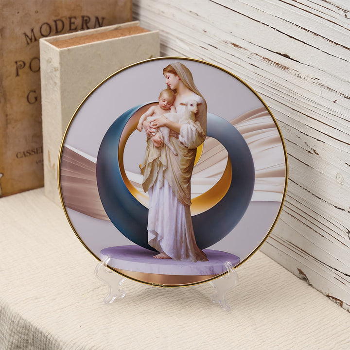 Christianartworkshop Vibrant Madonna and Child with Lamb Desktop Ornament with Gold Trim and Abstract Halo: A Daily Symbol of Comfort and Purity - Madonna and Child & Lamb - image 0