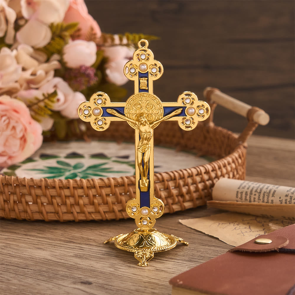 Christianartworkshop Ornate St. Benedict Crucifix Desktop Ornament with Gold Finish & Pearl Accents: A Symbol of Divine Protection - Blue - image 6