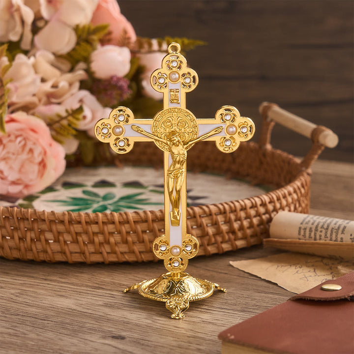 Christianartworkshop Ornate St. Benedict Crucifix Desktop Ornament with Gold Finish & Pearl Accents: A Symbol of Divine Protection - White - image 4
