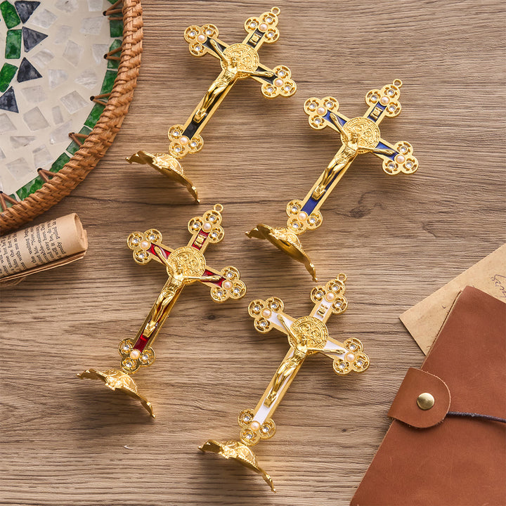 Christianartworkshop Ornate St. Benedict Crucifix Desktop Ornament with Gold Finish & Pearl Accents: A Symbol of Divine Protection - image 1