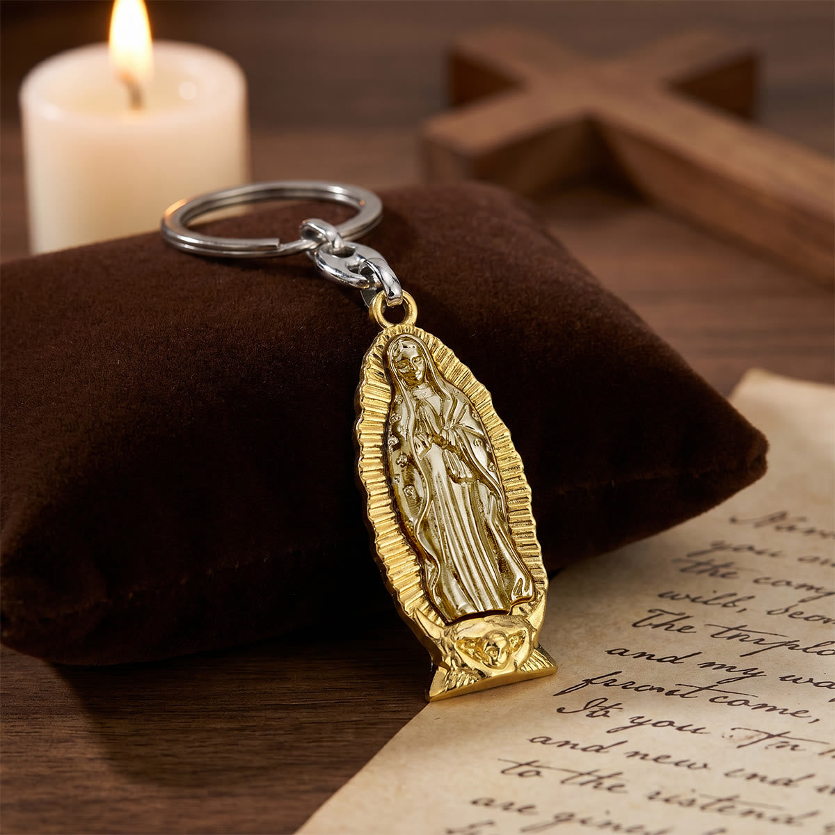 Two-Tone Our Lady of Guadalupe Keychain with Radiant Halo – Divine