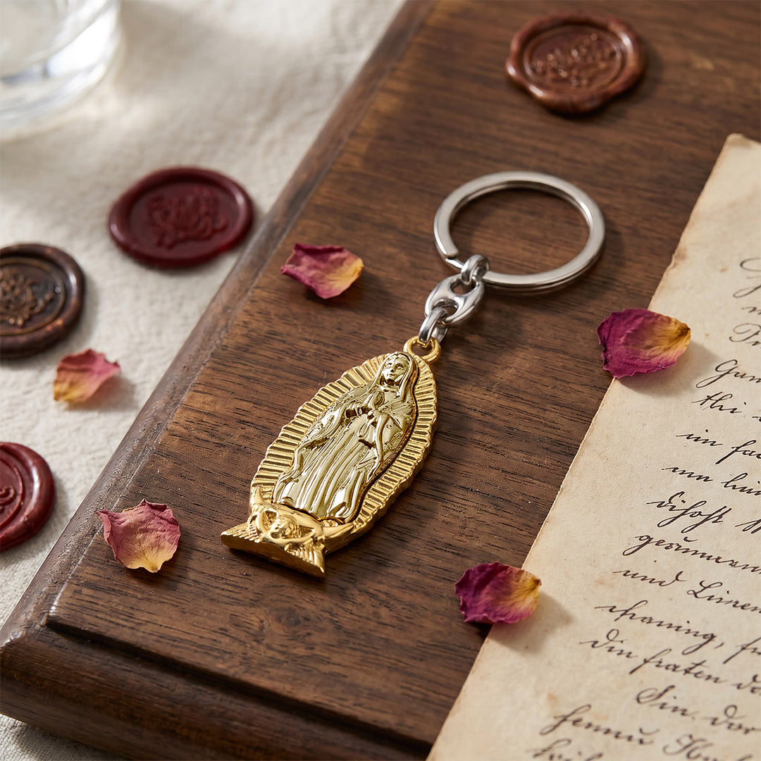 Christianartworkshop Two-Tone Our Lady of Guadalupe Keychain with Radiant Border: A Reminder of Divine Protection - image 1