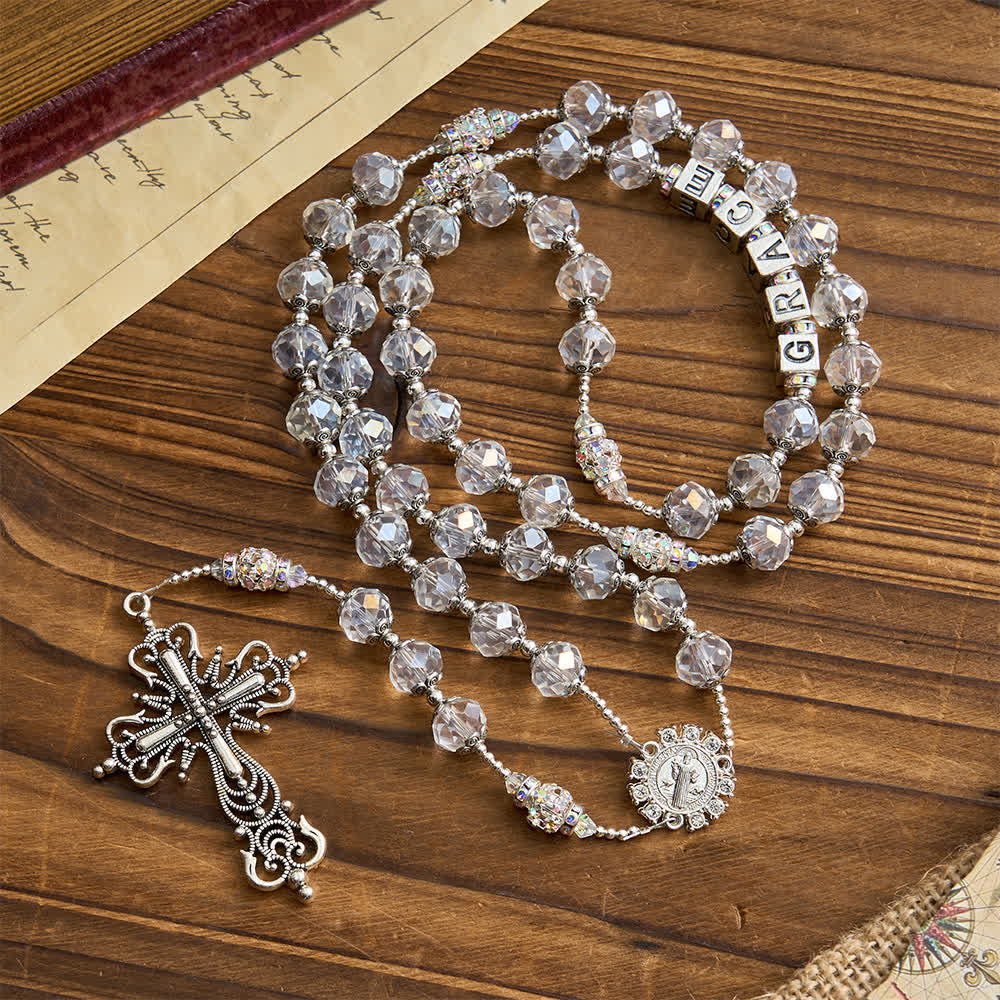 Christianartworkshop Sparkling White St. Benedict Forever Faith Rosary with Custom Name Letters - GRACE - image 0