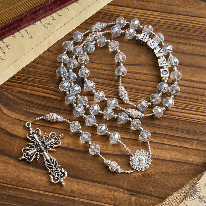 Christianartworkshop Sparkling White St. Benedict Forever Faith Rosary with Custom Name Letters - GRACE - image 0