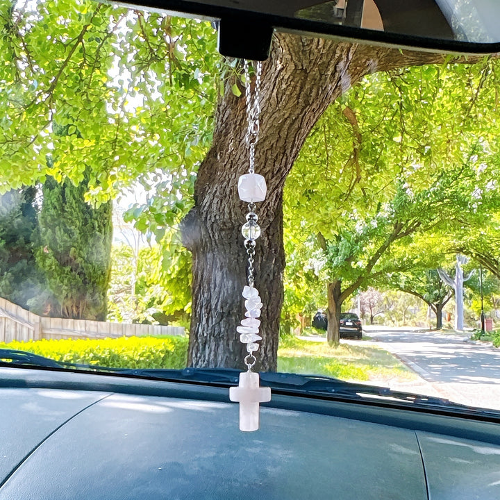 Christianartworkshop Intricate Natural Stone Car Ornament with Crystal Chips and Cross Pendant: A Graceful Keepsake of Faith - Pink Crystal - image 5