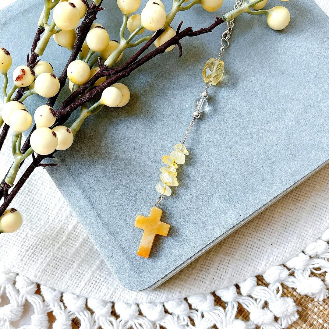 Christianartworkshop Intricate Natural Stone Car Ornament with Crystal Chips and Cross Pendant: A Graceful Keepsake of Faith - image 7