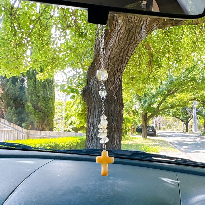 Christianartworkshop Intricate Natural Stone Car Ornament with Crystal Chips and Cross Pendant: A Graceful Keepsake of Faith - Citrine - image 6
