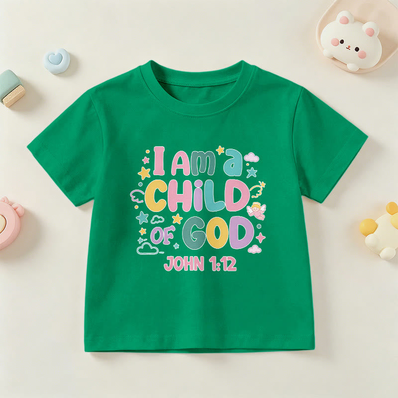 Christianartworkshop Whimsical Angel and Star Accent I Am a Child of God John 1:12 Kids T-Shirt - Green - US/UK/AU 14, EU170 - image 15
