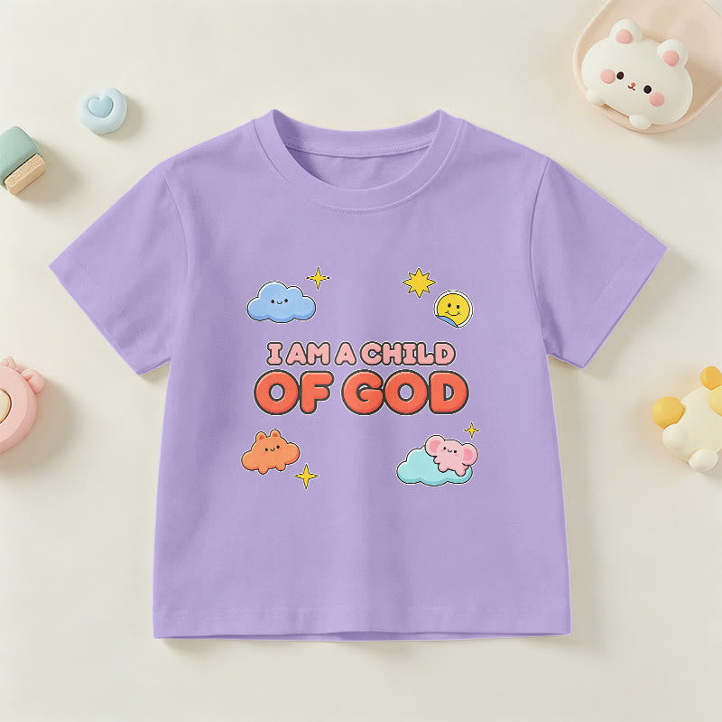 Christianartworkshop Whimsical Smiling Cloud and Sun Accent I Am a Child of God Kids T-Shirt - Purple - US/UK/AU 14, EU170 - image 6