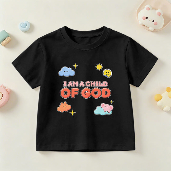 Christianartworkshop Whimsical Smiling Cloud and Sun Accent I Am a Child of God Kids T-Shirt - Black - US/UK/AU 14, EU170 - image 24