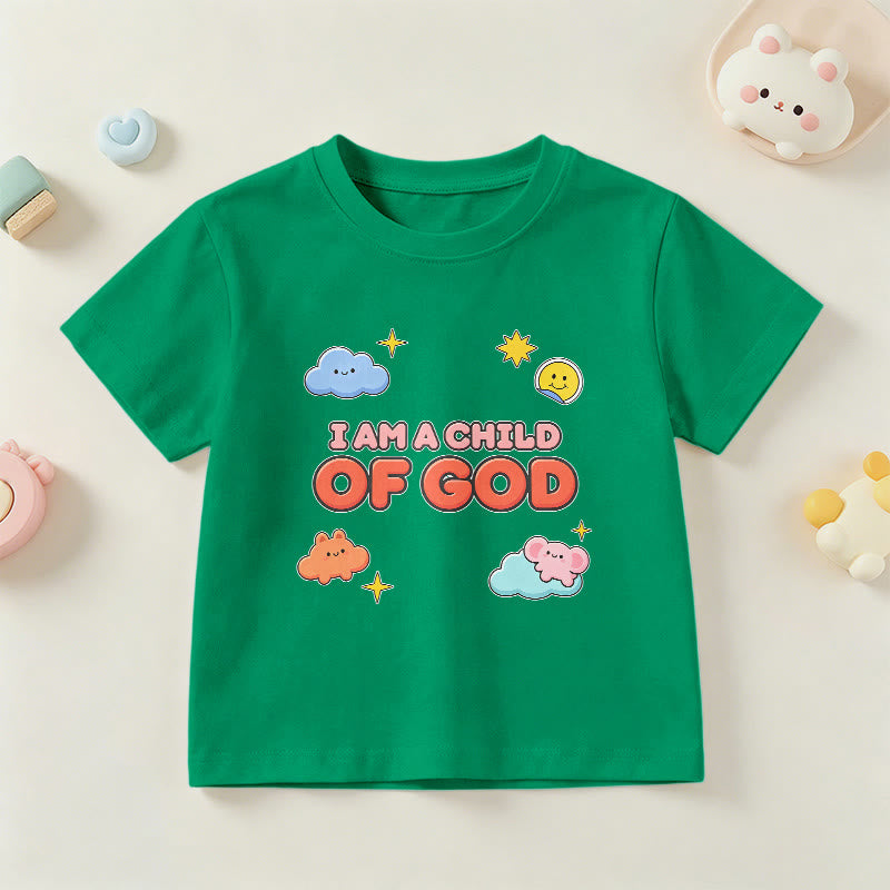 Christianartworkshop Whimsical Smiling Cloud and Sun Accent I Am a Child of God Kids T-Shirt - Green - US/UK/AU 14, EU170 - image 15