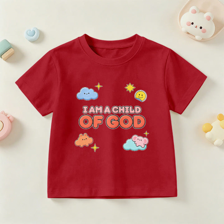 Christianartworkshop Whimsical Smiling Cloud and Sun Accent I Am a Child of God Kids T-Shirt - Red - US/UK/AU 14, EU170 - image 9