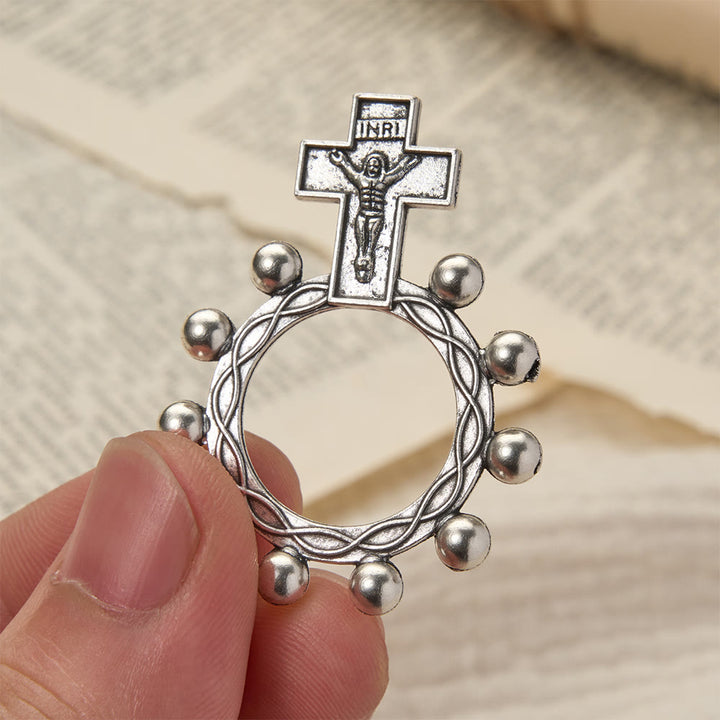 Christianartworkshop Two-Color Crucifix Finger Rosary with Embossed Jesus and Beaded Halo: A Reminder of Divine Grace - Silver - Set of 10pcs - image 6