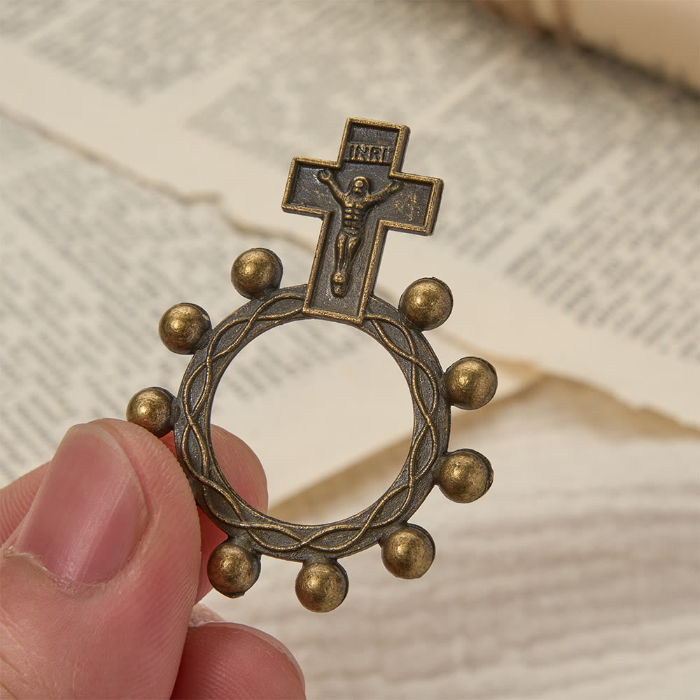 Christianartworkshop Two-Color Crucifix Finger Rosary with Embossed Jesus and Beaded Halo: A Reminder of Divine Grace - Bronze - Set of 10pcs - image 0