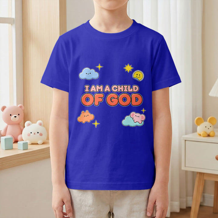 Christianartworkshop Whimsical Smiling Cloud and Sun Accent I Am a Child of God Kids T-Shirt - image 4