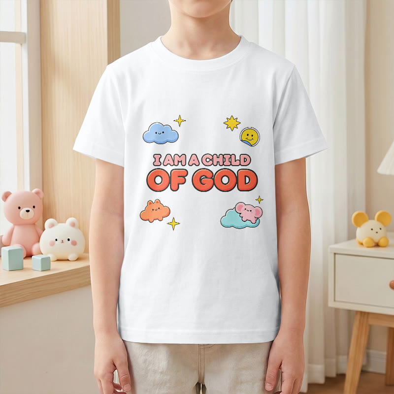 Christianartworkshop Whimsical Smiling Cloud and Sun Accent I Am a Child of God Kids T-Shirt - image 1