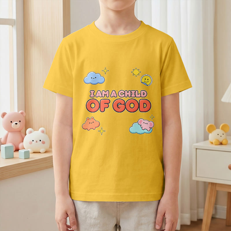 Christianartworkshop Whimsical Smiling Cloud and Sun Accent I Am a Child of God Kids T-Shirt - image 28