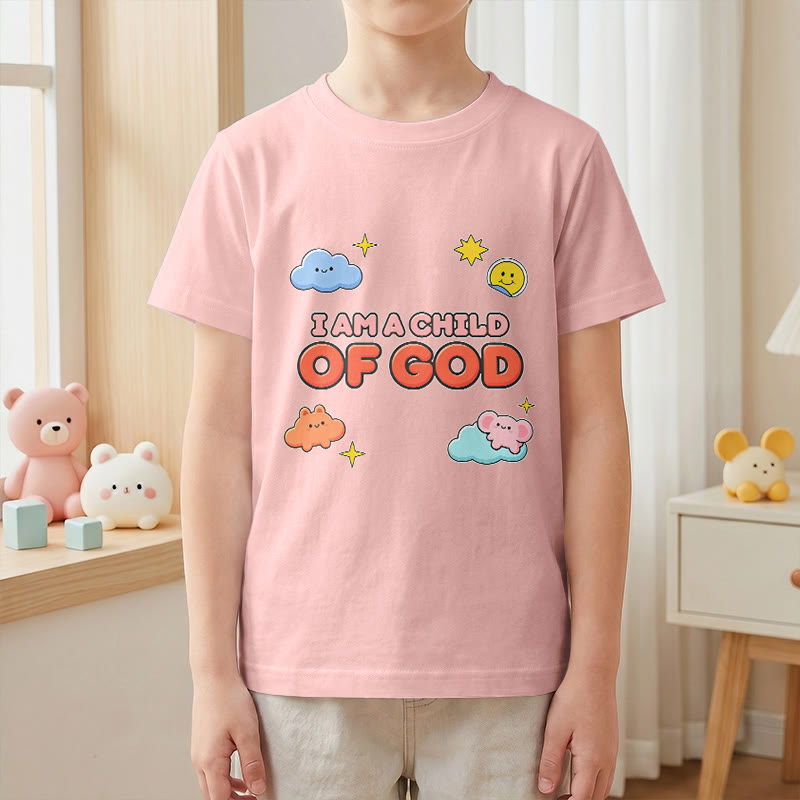 Christianartworkshop Whimsical Smiling Cloud and Sun Accent I Am a Child of God Kids T-Shirt - image 13
