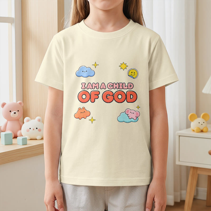 Christianartworkshop Whimsical Smiling Cloud and Sun Accent I Am a Child of God Kids T-Shirt - image 23