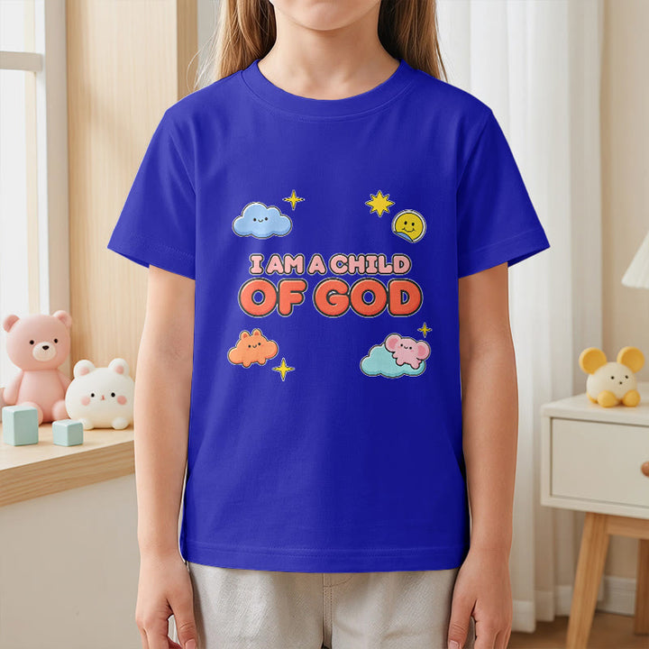 Christianartworkshop Whimsical Smiling Cloud and Sun Accent I Am a Child of God Kids T-Shirt - image 5