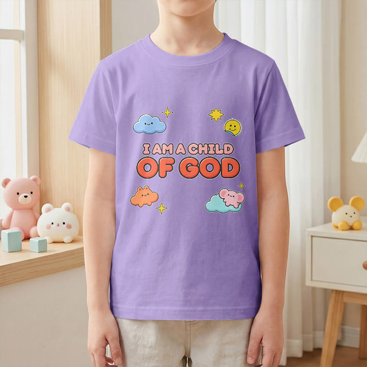 Christianartworkshop Whimsical Smiling Cloud and Sun Accent I Am a Child of God Kids T-Shirt - image 7