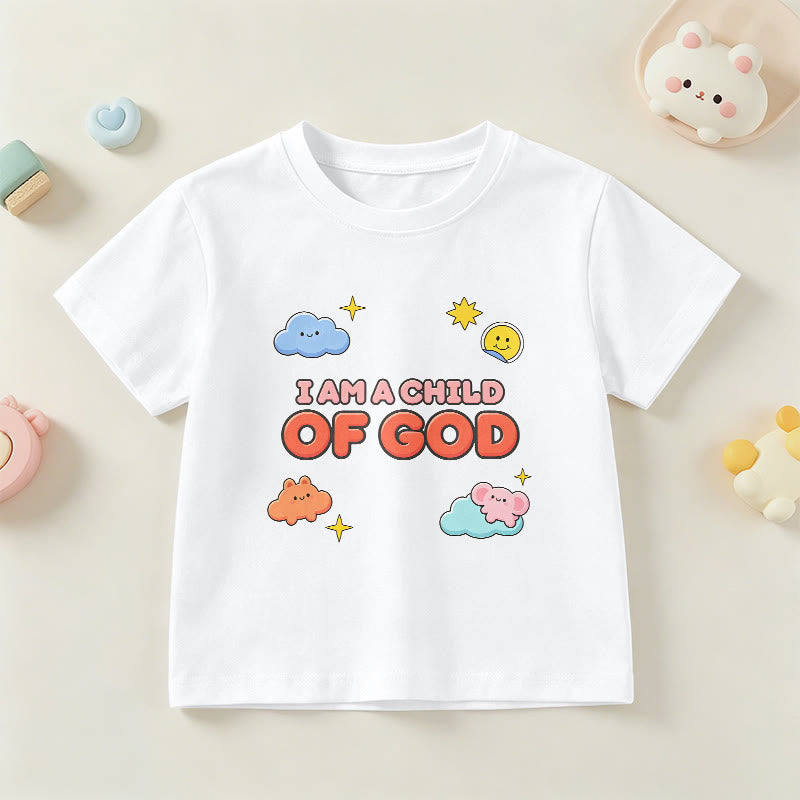 Christianartworkshop Whimsical Smiling Cloud and Sun Accent I Am a Child of God Kids T-Shirt - White - US/UK/AU 14, EU170 - image 0