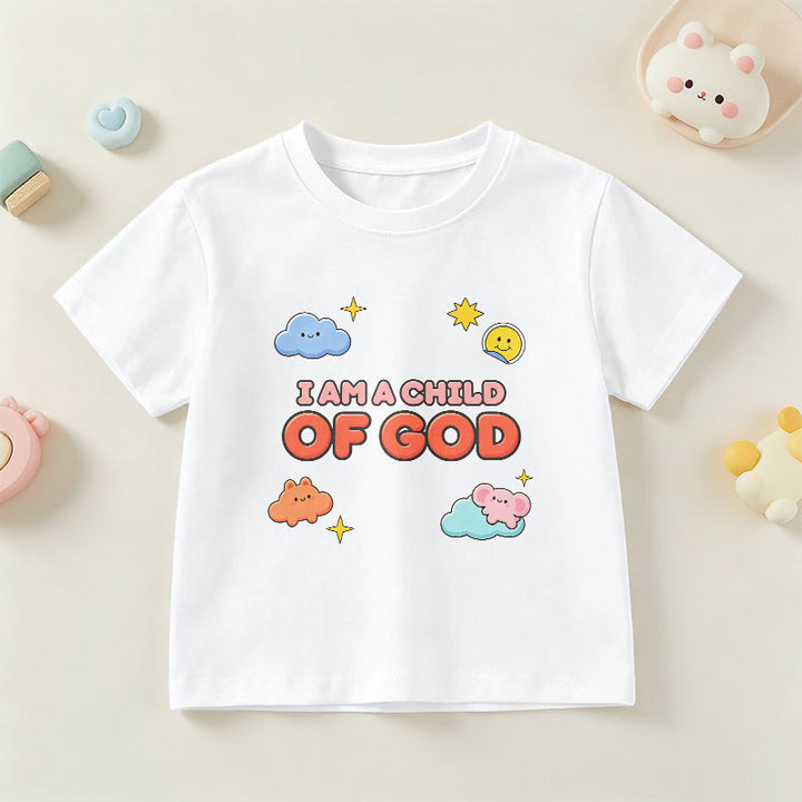 Christianartworkshop Whimsical Smiling Cloud and Sun Accent I Am a Child of God Kids T-Shirt - White - US/UK/AU 14, EU170 - image 0