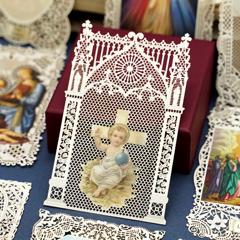 Christianartworkshop Intricate Lace Holy Card Bookmark with Ornate Floral Border: A Reminder of Divine Beauty - A - image 1