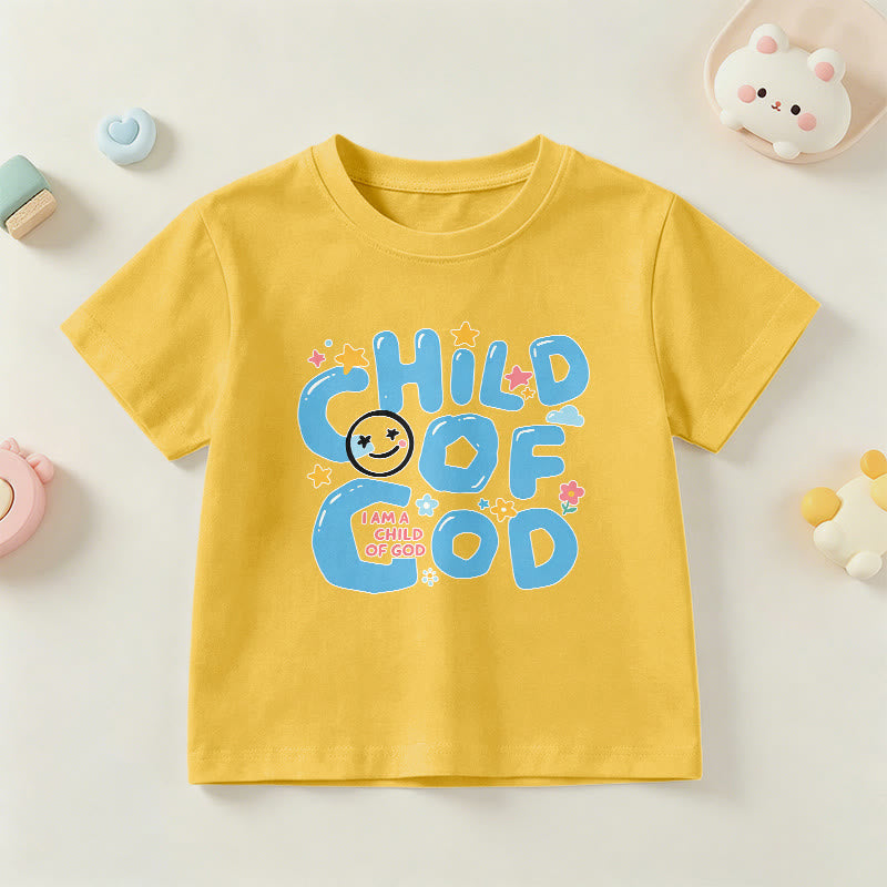 Christianartworkshop Whimsical Smiley Face and Floral Accent Child of God Kids T-Shirt - Yellow - US/UK/AU 14, EU170 - image 0