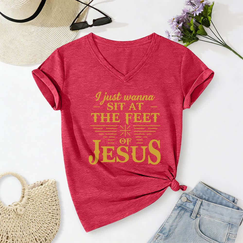 Christianartworkshop I Just Wanna Sit At The Feet of Jesus Print V-Neck T-shirt - Rose - 2XL - image 22