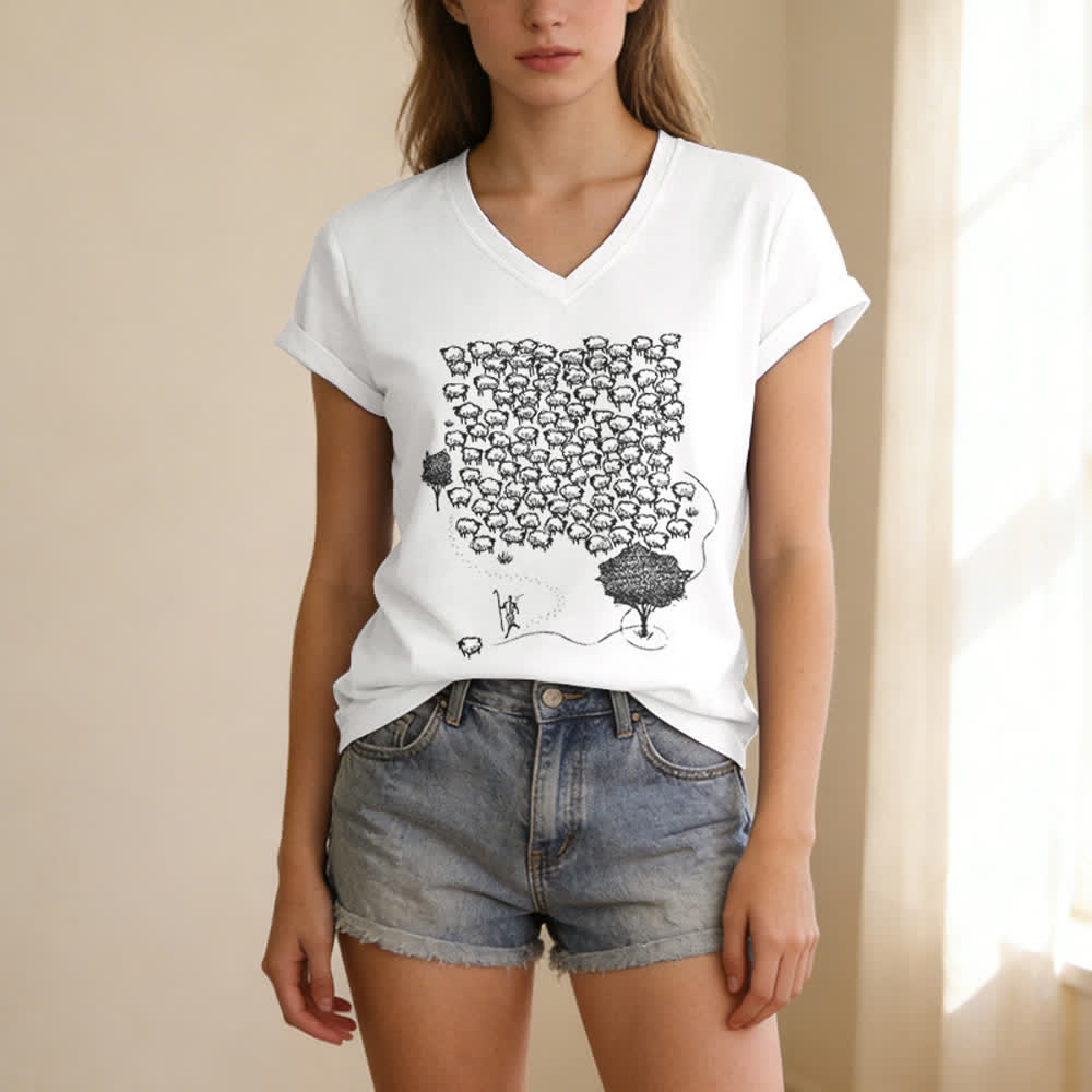 Christianartworkshop Flock of Sheep Graphic Print V-Neck T-shirt - image 5