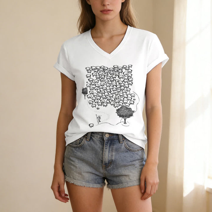 Christianartworkshop Flock of Sheep Graphic Print V-Neck T-shirt - image 5