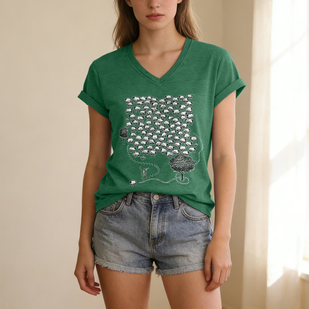 Christianartworkshop Flock of Sheep Graphic Print V-Neck T-shirt - image 13