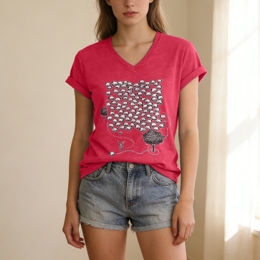 Christianartworkshop Flock of Sheep Graphic Print V-Neck T-shirt - image 21
