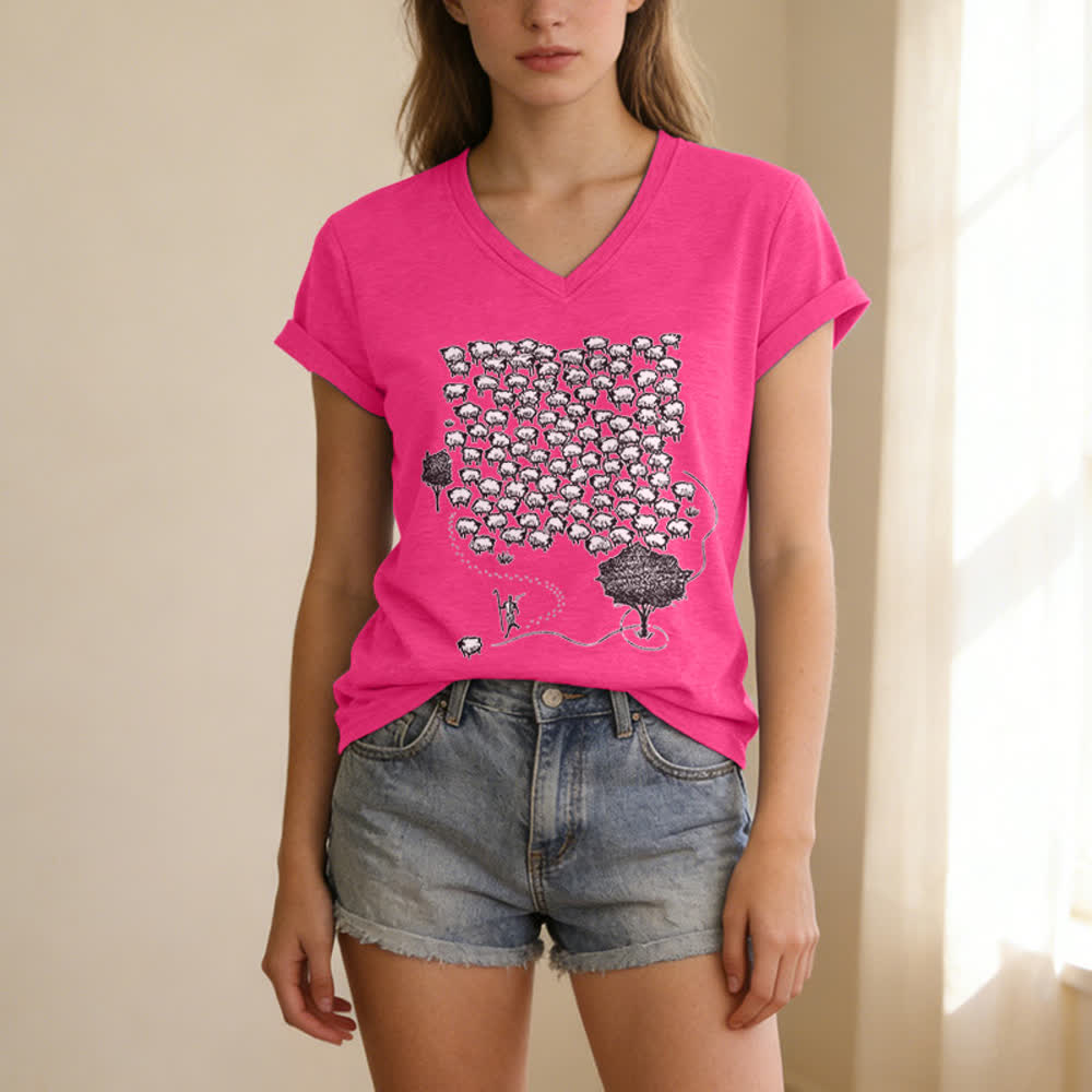 Christianartworkshop Flock of Sheep Graphic Print V-Neck T-shirt - image 23