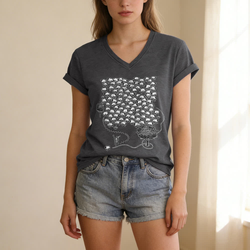 Christianartworkshop Flock of Sheep Graphic Print V-Neck T-shirt - image 7