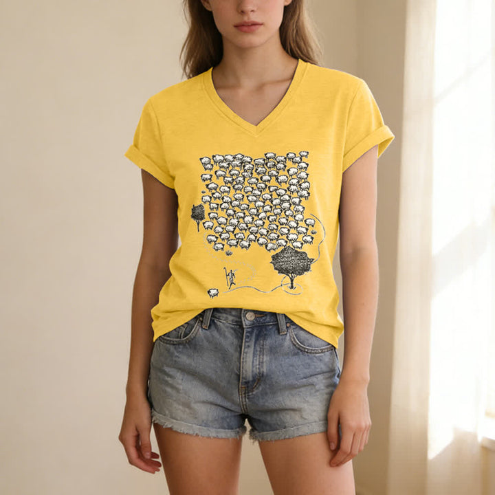 Christianartworkshop Flock of Sheep Graphic Print V-Neck T-shirt - image 9