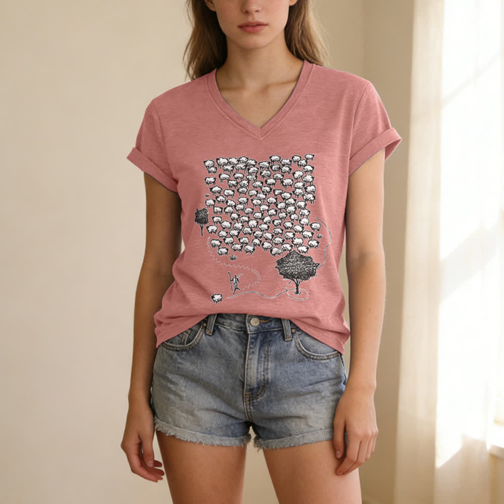 Christianartworkshop Flock of Sheep Graphic Print V-Neck T-shirt - image 19
