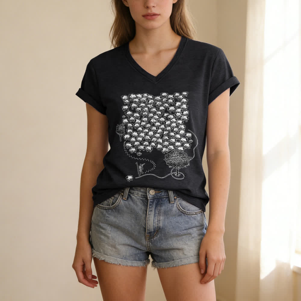 Christianartworkshop Flock of Sheep Graphic Print V-Neck T-shirt - image 3