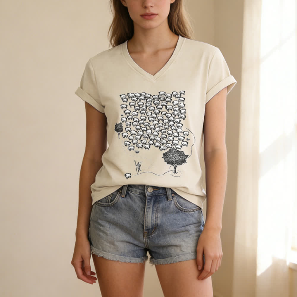 Christianartworkshop Flock of Sheep Graphic Print V-Neck T-shirt - image 1