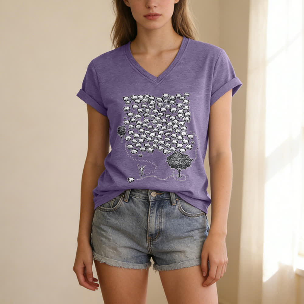Christianartworkshop Flock of Sheep Graphic Print V-Neck T-shirt - image 25